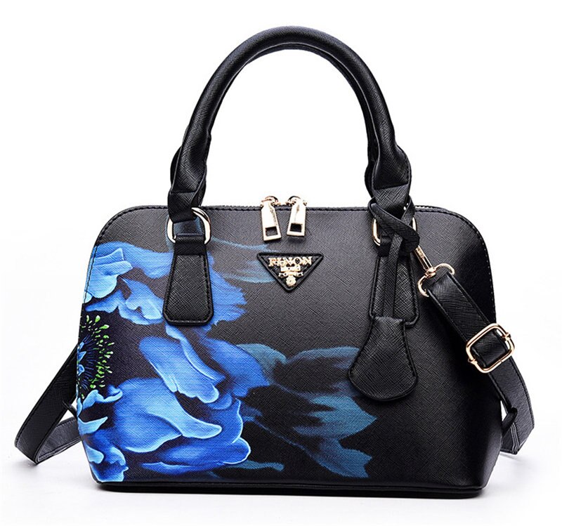 Zhierna kvinners pu lær håndvesker tote topp håndtak bag skulderveske for tenåringer jenter dame crossbody vesker blomstertrykk: Svart