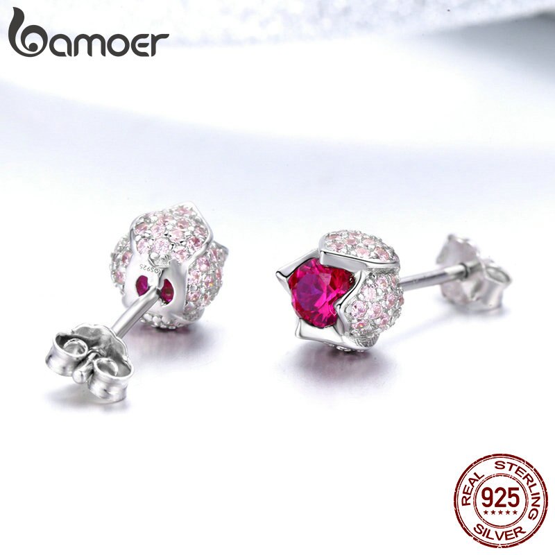 BAMOER Romantische 925 Sterling Zilver Lichtgevende Tulp Bloemknoppen Roze CZ Zirkoon Stud Oorbellen Vrouwen Bruiloft Sieraden BSE042