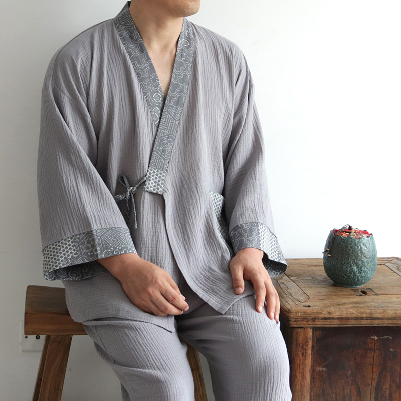 Kimono japonais hanfu pour hommes et femmes, en crêpe délavée, en coton pur, manches longues, peignoir de bain, ensemble haut et pantalon yukata, 2022