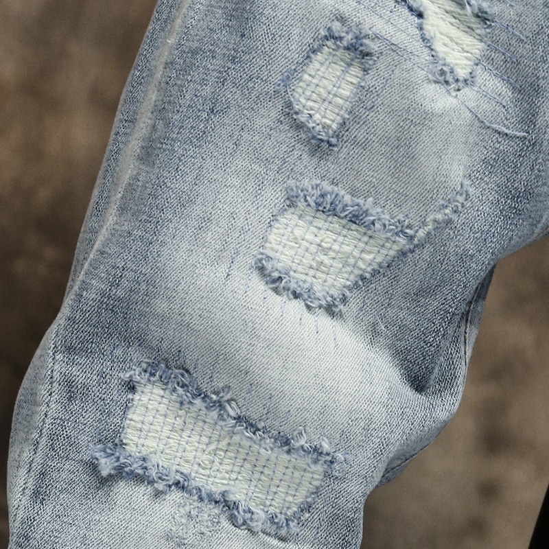 Zerrissene Jeans für Männer Dünne Licht Blau Grau strecken Dünne Bein Streetwear betrübt Moto Radfahrer Jeans Männlichen Denim Hosen Hüfte hüpfen
