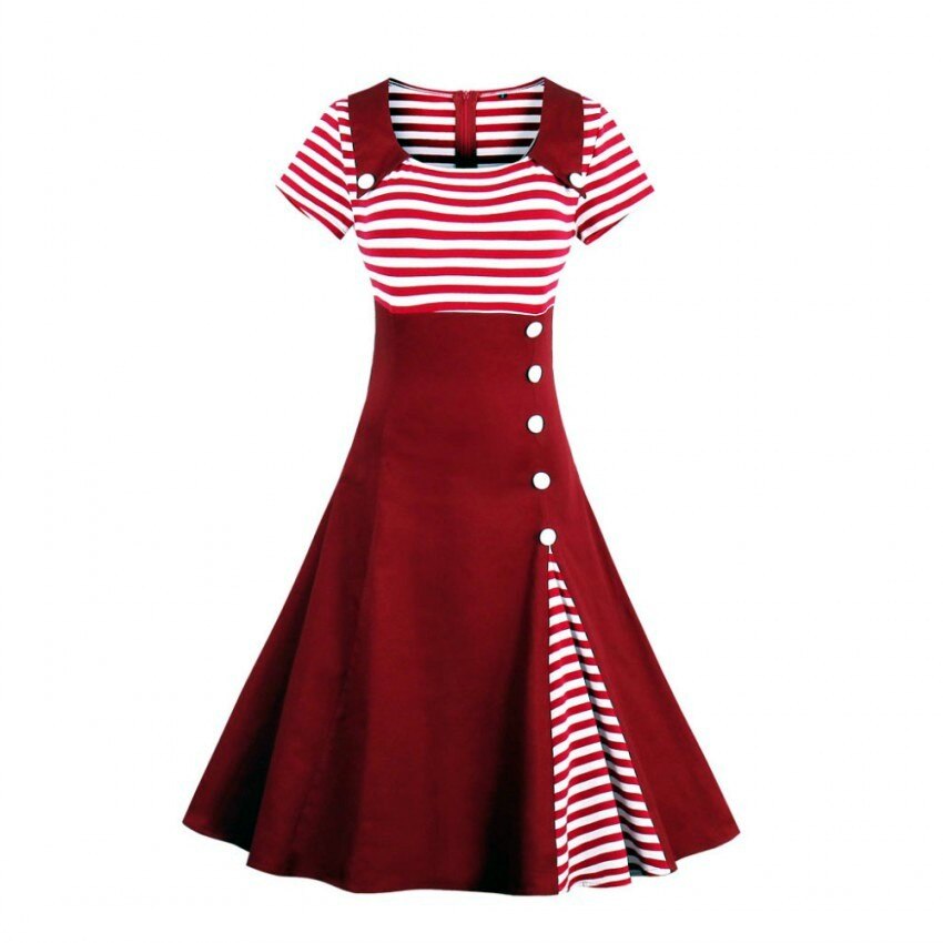 3xl 4xl plus size kvinder pin up rød hvid stribet patchwork kjole retro korte ærmer botton dekoreret 1950s vintage kjole