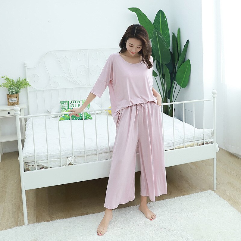 Zwei Stück Set Frauen frühling hause tragen Sets Casual Baumwolle 2 Stück Set Frauen lose T shirt + neun breite bein hosen Nachtwäsche: pink / XXL