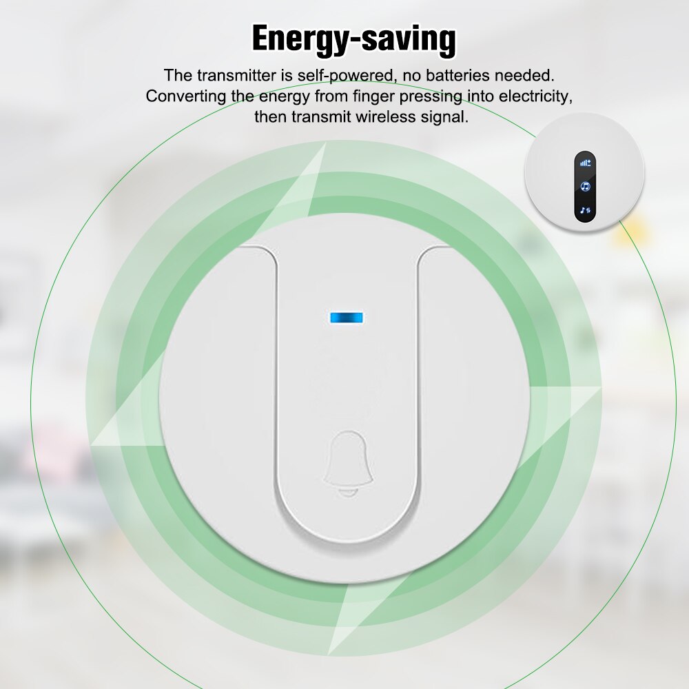 Wireless Self-powered Doorbell Transmitter Receiver Unique 58 Melodies 4 Levels Volume Adjustment Outdoor Waterproof Door Bell