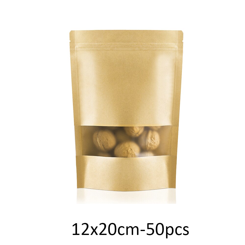 50pcs/lot Zipper lock Self Sealing Kraft Paper Bag Stand up Dried Food Fruit Tea Packaging Bags Moisture-proof With Window: Type-B