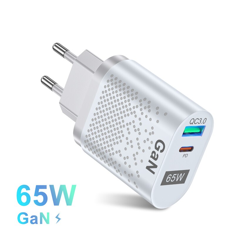 USLION 65W GaN ładowarka USB szybkie ładowanie QC 3.0 PD3.0 typ C szybka ładowarka dla iPhone 13 12 Pro Max Huawei Samsung S22 Xiaomi 12: EU Charger White