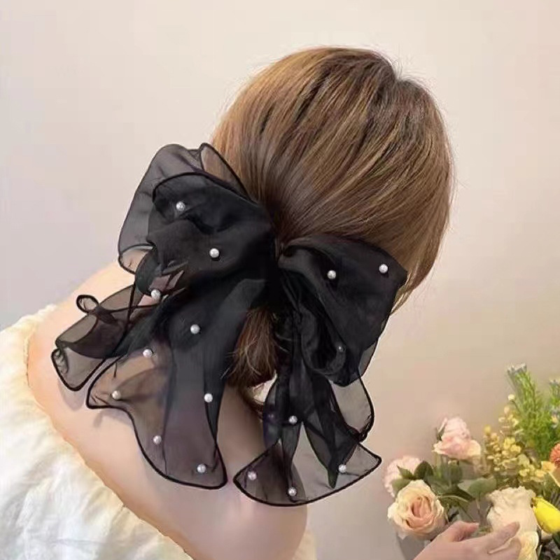 Pinces à cheveux en mousseline de soie avec nœud papillon pour femme, nœud de perle de ruban pour femme, épingle à queue de cheval, nœuds barcords, vêtements de sauna élégants, accessoires de luxe: Rose Rouge