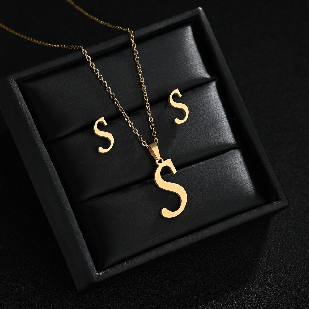 A-Z Edelstahl Ersten Halskette Und Ohrringe Schmuck Sets Alphabet Anhänger Kette Brief Zubehör: S