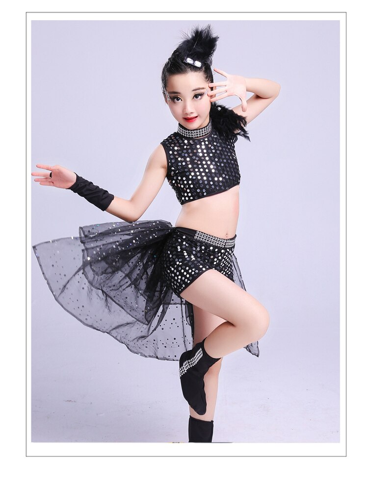 Trajes de baile de Jazz para niña, Ropa de baile para niña de Hip Hop, lentejuelas puesta en escena, trajes de Hip Hop negro