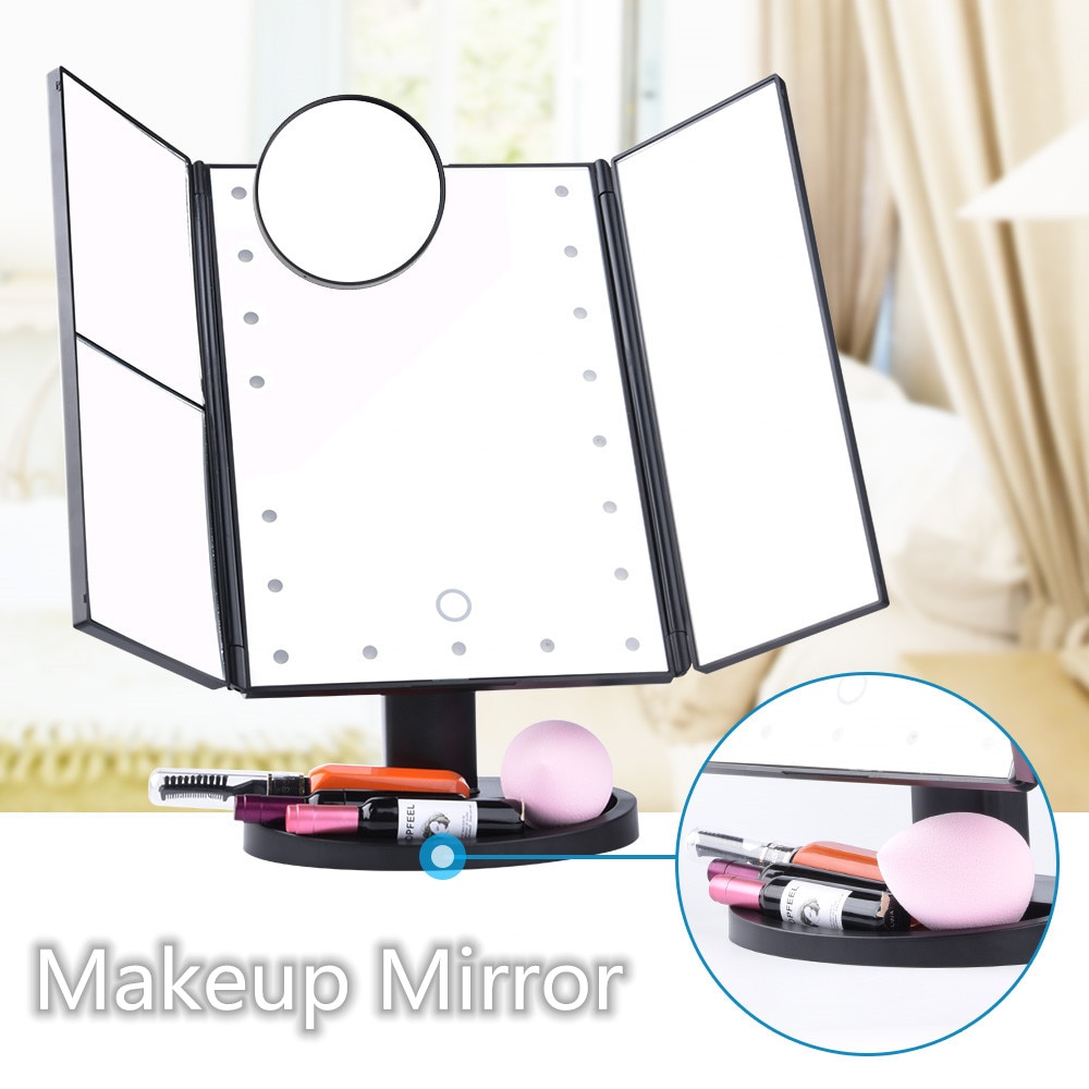 3 farver lys berøringsskærm led makeup spejl bord skrivebord forfængelighed forstørrelsesspejle 3 folde justerbare spejl makeup værktøjer