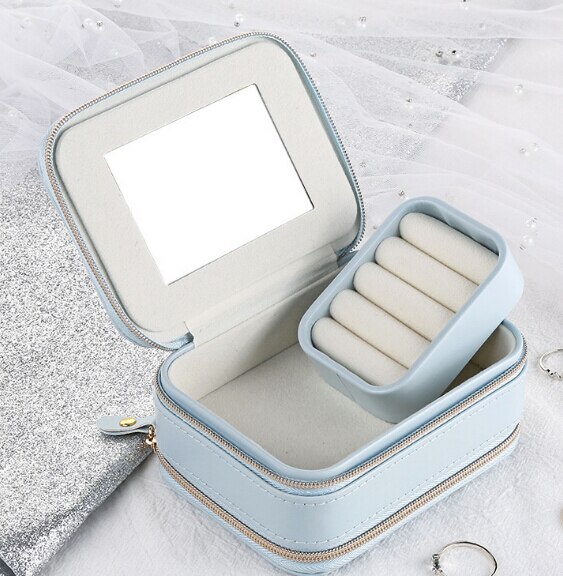 Jewelry box Portable zipper leather storage organizer jewelry holder packaging display travel jewelry box boxes for women: Blue