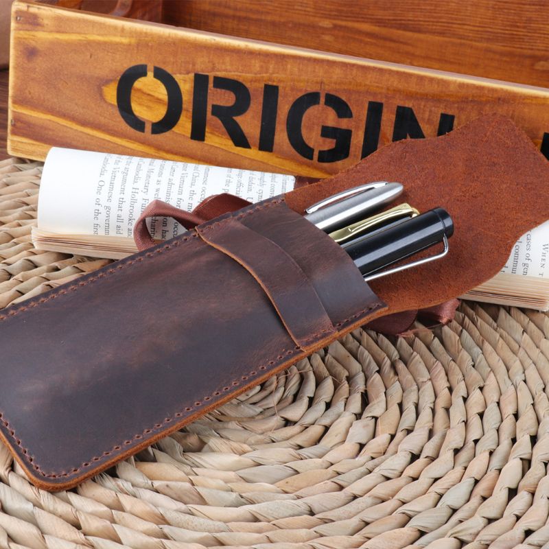 Porte-stylo en cuir marron, pochette pour stylos à bille fait à la main, housse de protection pour bureau collège