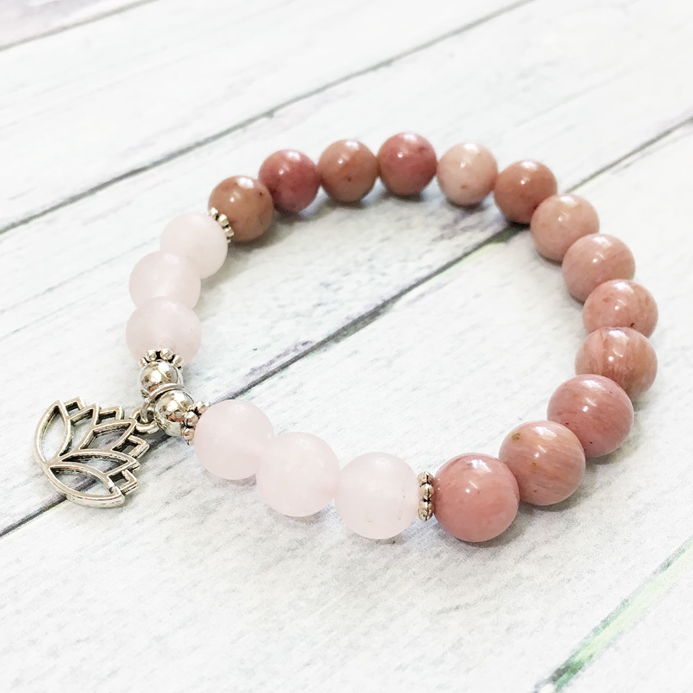 Bracelet fille 8 mm Rhodonite mat Rose Quart z Bracelet Lotus Chram Yoga équilibre bijoux