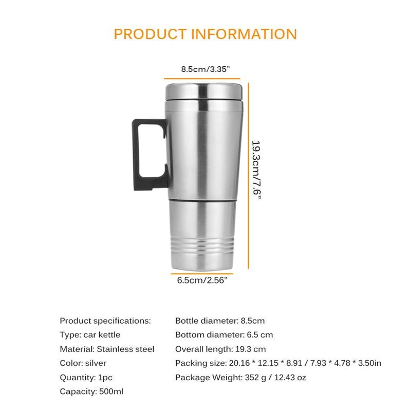 Onever 12V 500ML Car Water Keep Warmer Kettle Cup Travel Coffee Mug Portable Electric Car Power Cord With Cigar Lighter Cable