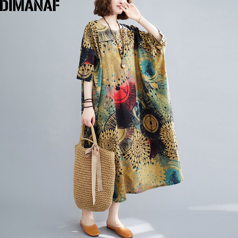 DIMANAF-Vestido largo holgado de talla grande para mujer, ropa de playa de verano, Lino estampado, talla grande 5XL y 6XL