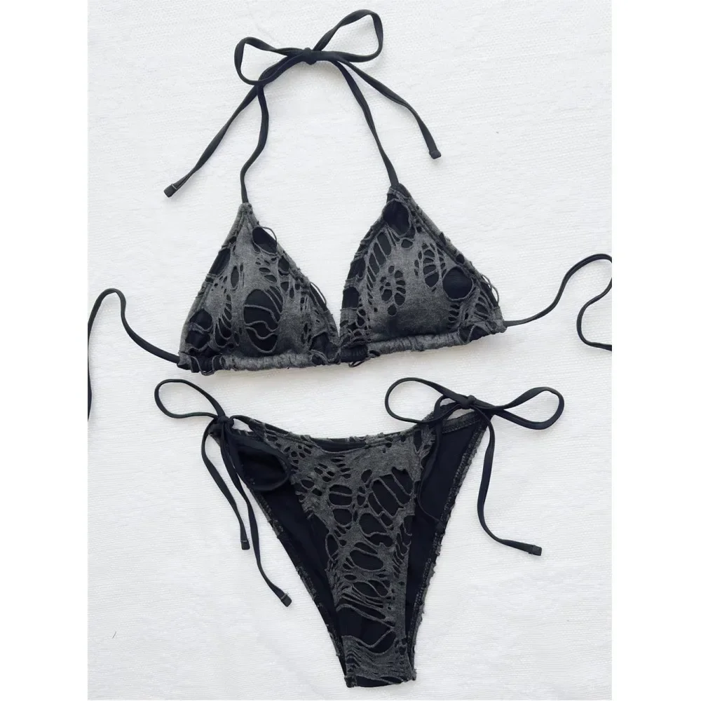 Bañador gótico Grunge para mujer, Micro Bikini desgastado Y2K, trajes de baño Halter con tirantes y cordones, tendencia Punk, novedad de 2023.traje de baño con faja reductora,vestidos de baño mujer envio gratis,tangas
