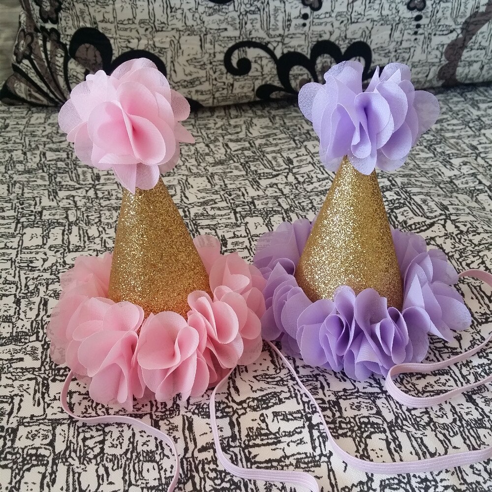 Meisje Bloem Tuin Shabby Chic Verjaardag Hoed Roze Lavendel Gouden Bloem Party Hoed Hoofdband 1st 2nd 3rd Pasgeboren Glitter party Cap