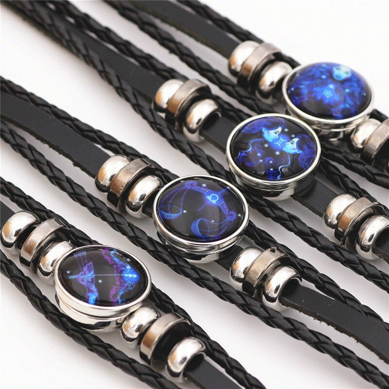 12 Constellation Zodiak Teken Blauw Glas Lederen Armband Ram Waterman Leeuw Maagd Geweven Glas Dome Sieraden Punk Mannen Armband