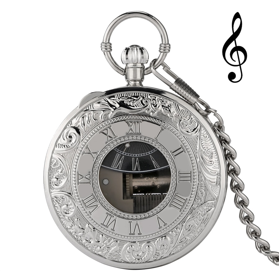 Reloj de bolsillo con movimiento Musical de plata de lujo, pulsera de mano de cuarzo con manivela para reproducir música, Fob, cadena colgante, de Año