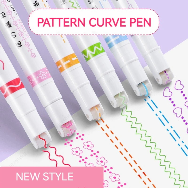 6 stks/set Bloem Lijn Vorm Markeerstift Roller Tip Curve Liner Marker Kawaii Koreaanse Briefpapier School Kantoorbenodigdheden