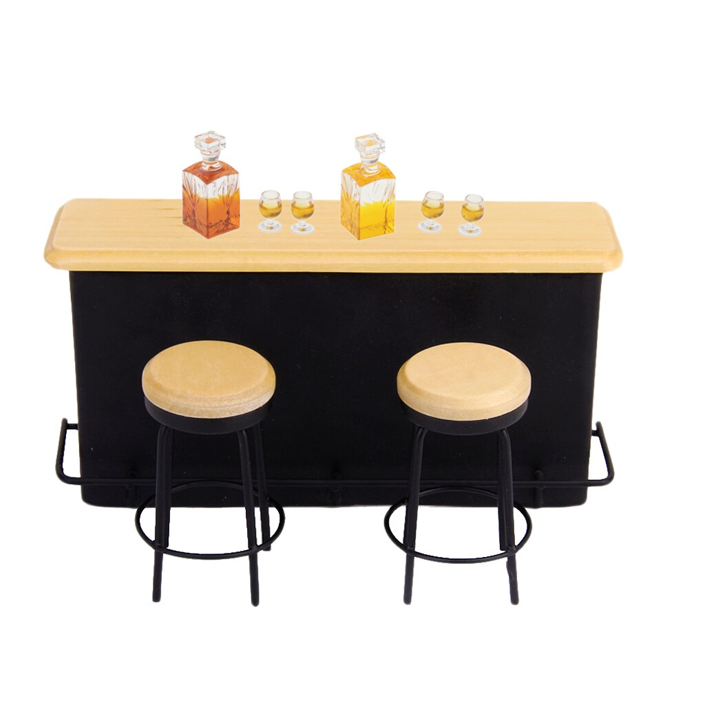 1:12 Mini Pub Bar Cabinet Stool Whiskey Wine Bottle Glass Cup Furniture Supplies