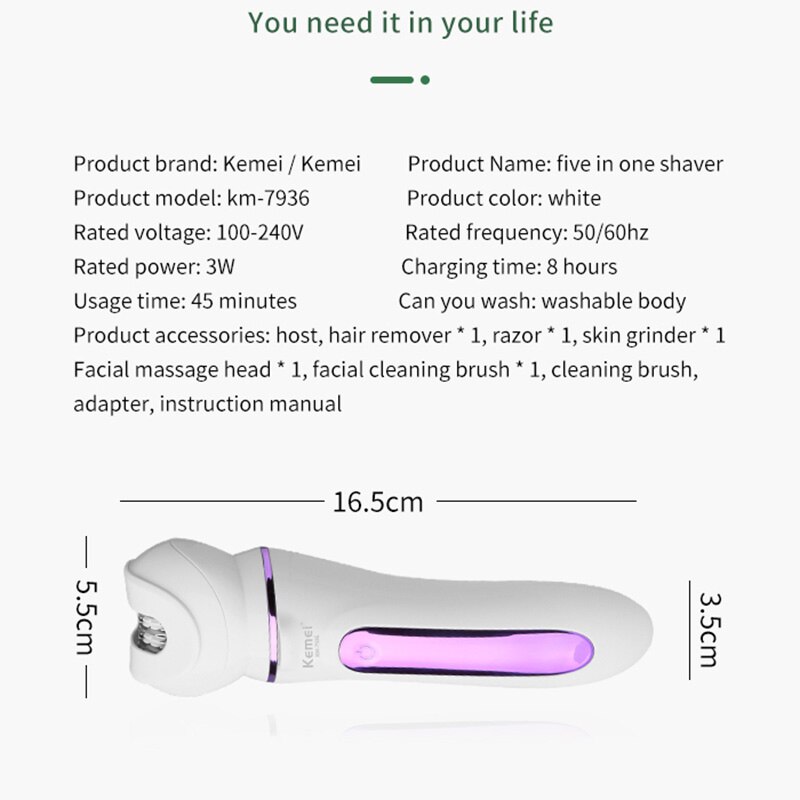 Kemei épilateur électrique 5 en 1 pour femmes Rechargeable pour le visage le corps les sourcils