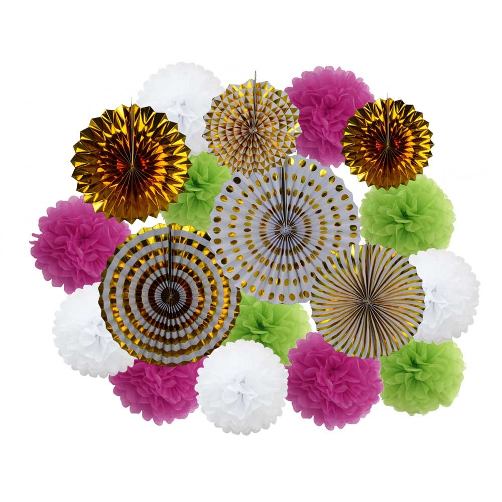 Lente Party Favor Goud Groen Set Vouwen Opknoping Papier Pom Pom Fans Baby Shower Kids Meisje Jongen Verjaardag Decoratie: Gold Rose Green