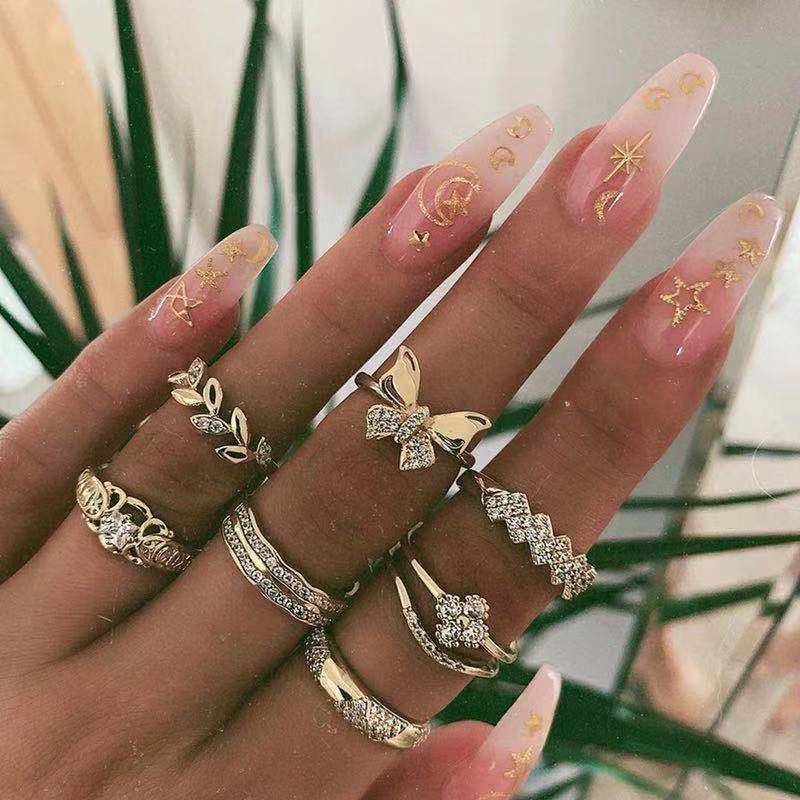 16 Style Bohemian Retro Crystal Flower Hollow Letter Gem Silver Ring Set Women Wedding Anniversary Jewelry Accessories