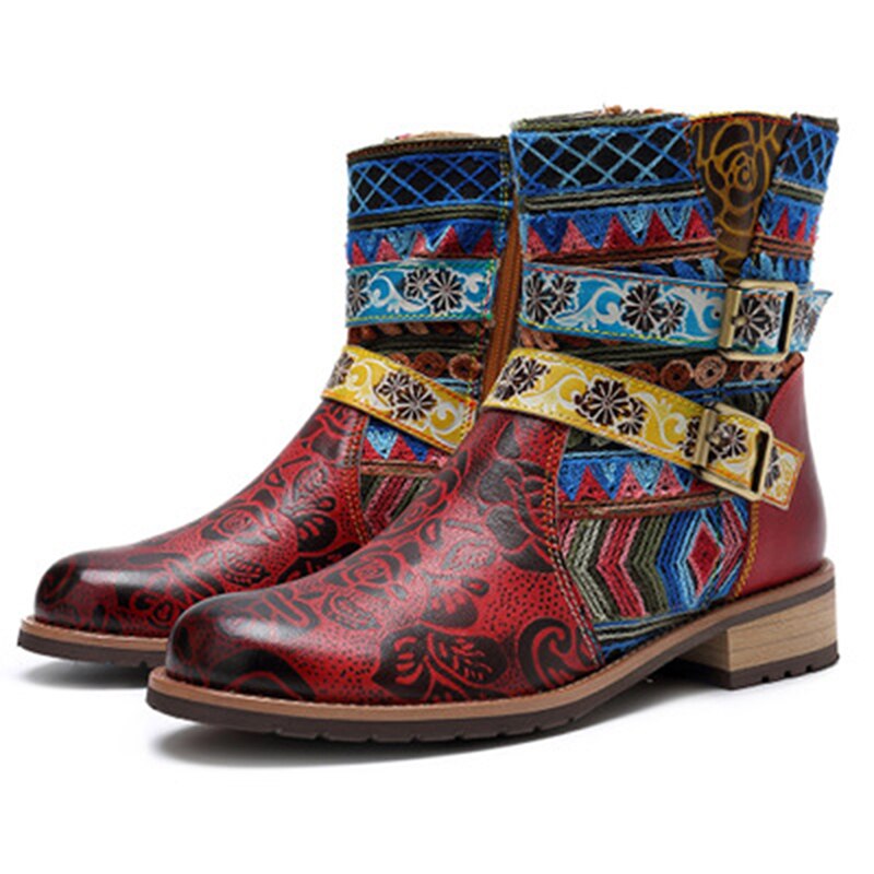 Botas étnicas para mujer, zapatos femeninos de tacón bajo con cremallera, de talla grande 43