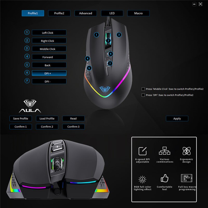 Mouse da gioco AULA RGB cablato 2 pulsanti laterali programmabile 6400 DPI regolabile comodo ergonomico Grip ottico PC Desktop Laptop