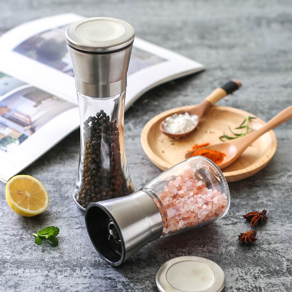 Stainless Steel Pepper Grinder Glass Body Spice Mills Shaker Handheld Seasoning Pot Salt Container Condiment Jar Cooking Tools