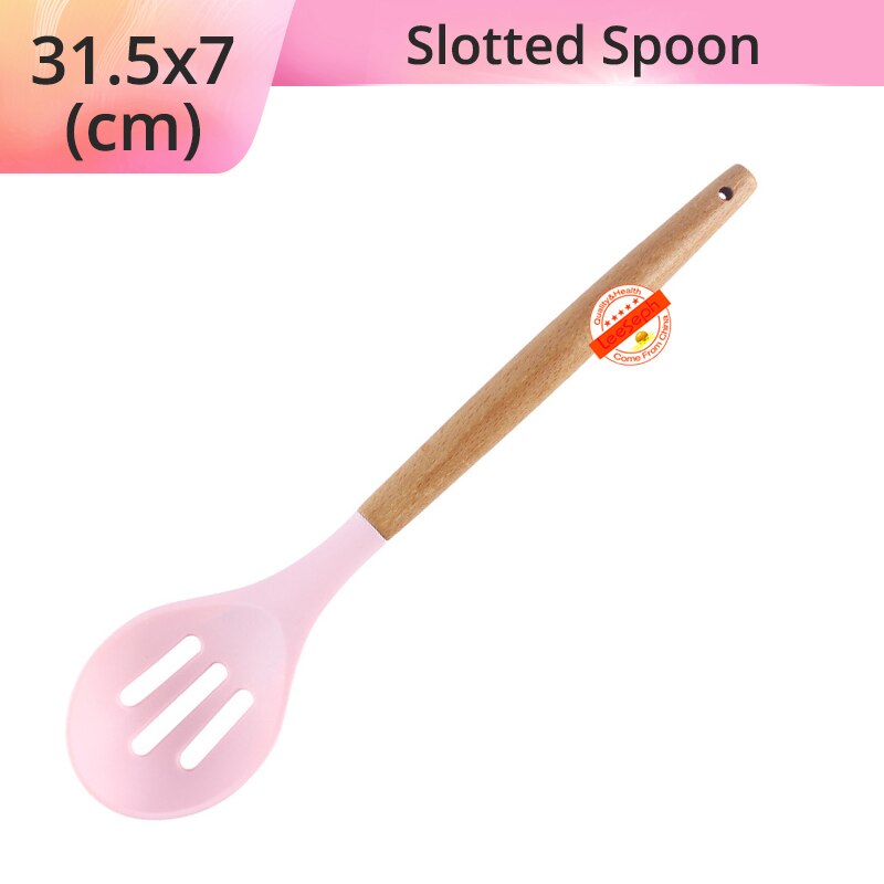 Silicone Cooking Utensils Kitchen Utensils, Acacia Wooden Cooking Tool for Nonstick Cookware - Best Kitchen Gadgets: Pink-Slotted Spoon