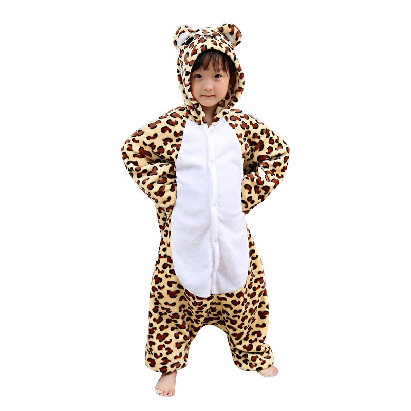 Leopard Kigurumis For Children Animal Panther Flannel Warm Pajamas Boy Girl Halloween Suit Winter Sleepwear Funny Cute