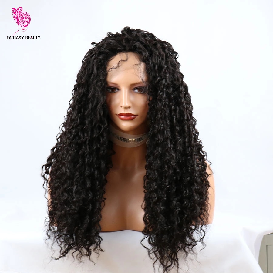 Peluca con malla frontal sintética rizada para mujeres negras, Color negro, 180%, fibra resistente al calor, Pelo Rizado largo, uso diario