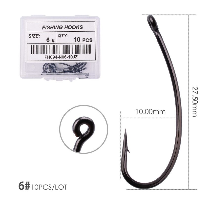 10pcs/ Box Long shank Telflon Coated Carp Fishing Hook Matt Black Fish Hooks Curved Shank Carp Fishing Rig Hooks: Size 6  10pcs