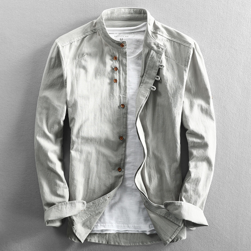 Camisa de algodón y lino de estilo japonés para hombre, Tops clásicos transpirables informales ajustados de manga larga con cuello levantado Harajuku de Color sólido para hombre: XXL / Gris