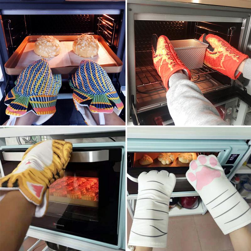 3D Cartoon Animal Oven Mitts Long Cotton Baking Insulation Gloves Holder Clip Microwave Heat Resistant Non-Slip Kitchen Supplies