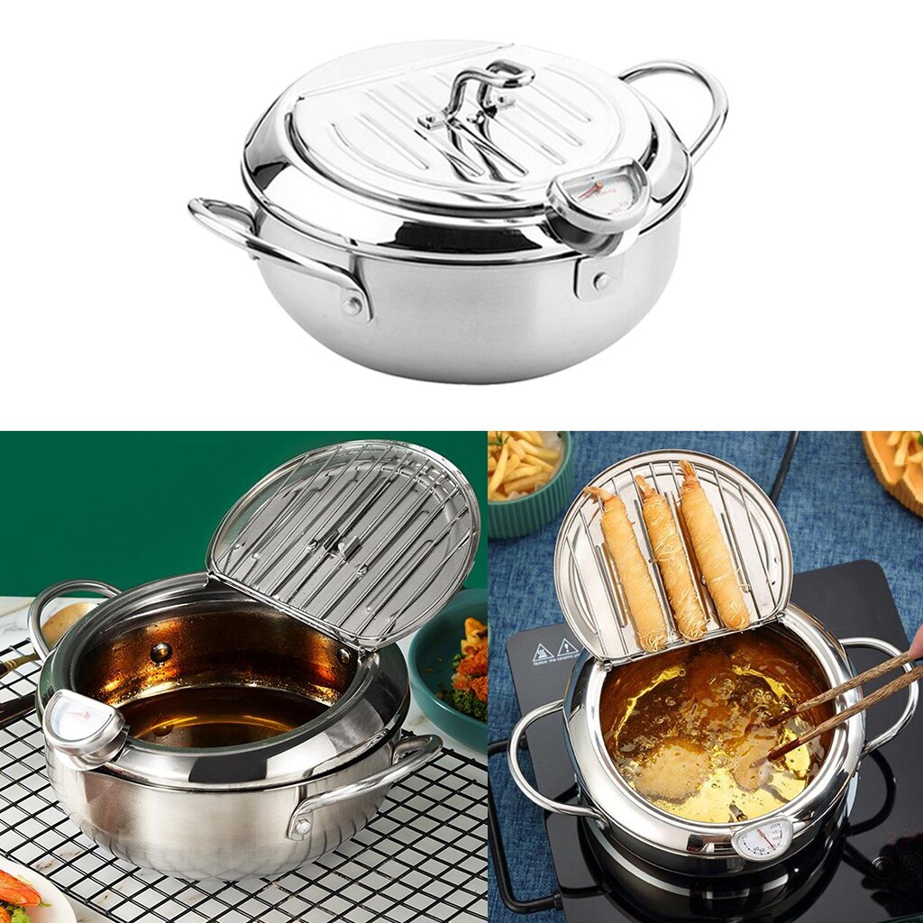 Deep Frying Pan with thermometer Japanese Tempura Fryer Pot Drainage Frying Pan