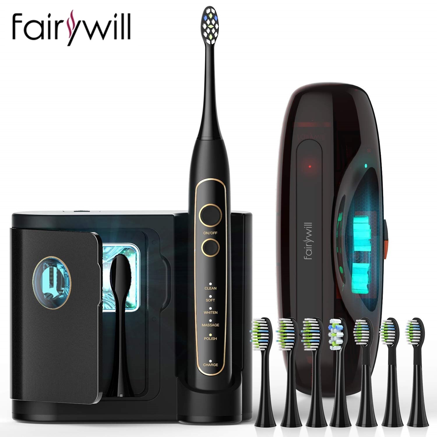 Fairywill-cepillo de dientes eléctrico P11 E11 2056 T9, dispositivo blanqueador Ultra sónico con 5 modos de carga inalámbrica, temporizador inteligente