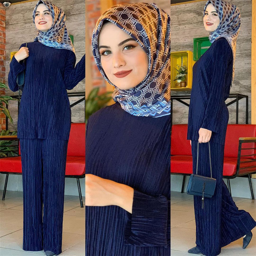 Ensemble 2 pièces pour femmes musulmanes, manches longues plissées, hauts, jambes larges, pantalons, costume, dubaï, Abaya, Kaftan turc, robe Eid Mubarak: Navy / L