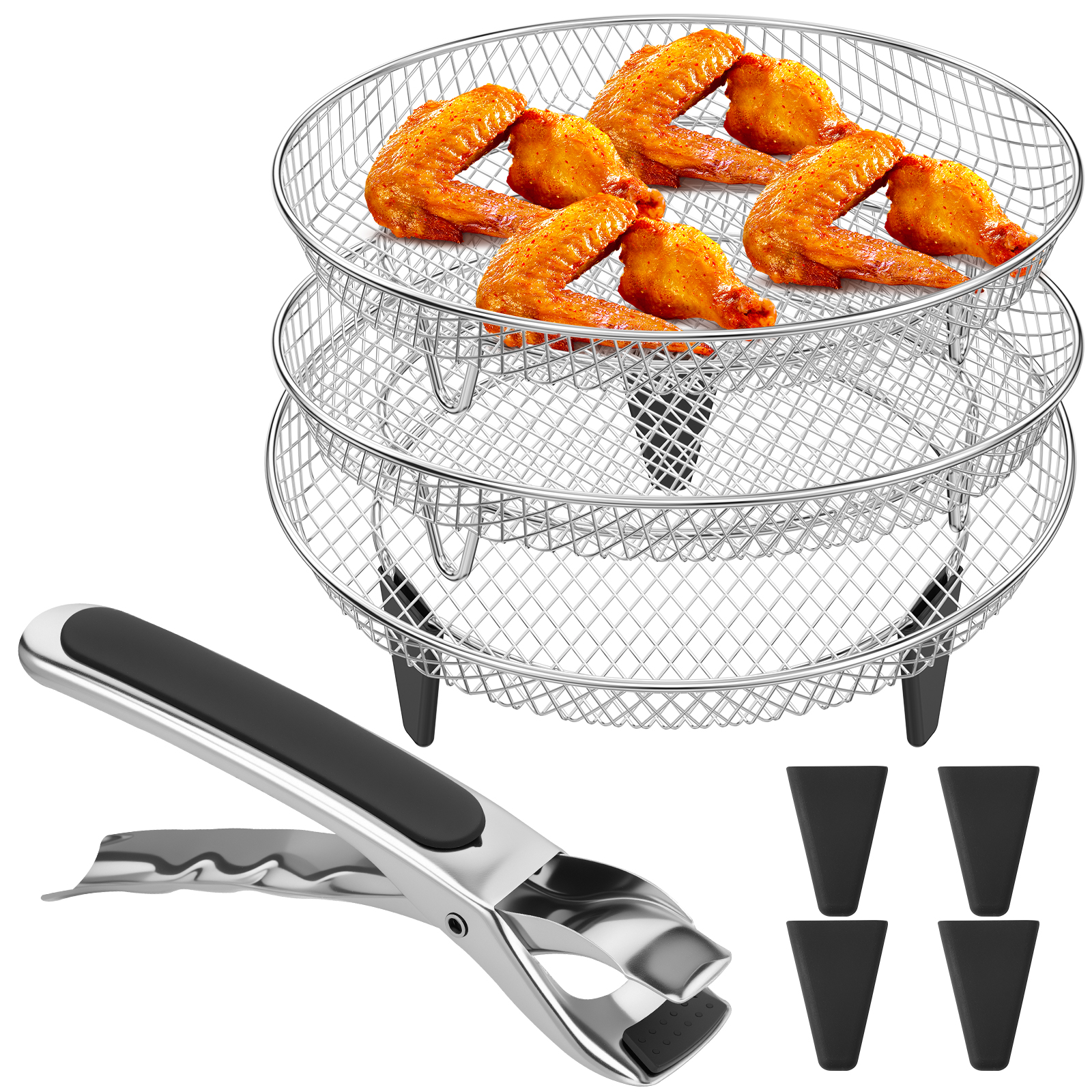 Accesorios para freidora de aire, estante para freidora de aire de acero inoxidable, cesta redonda apilable de 3 capas, deshidratador versátil, 3 uds.