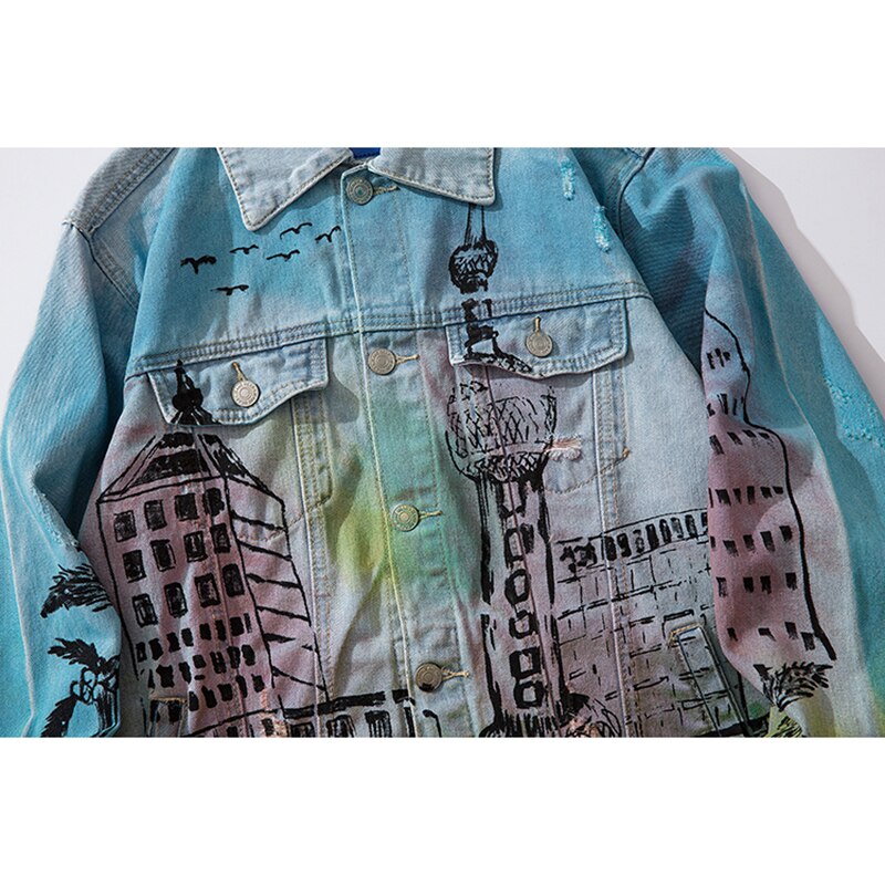 Hip Hop Printed Denim Jackets Mens Streetwear Ripped Denim Jacket for Men Fashionable Men&#39;s Clothing Jackets and Coats