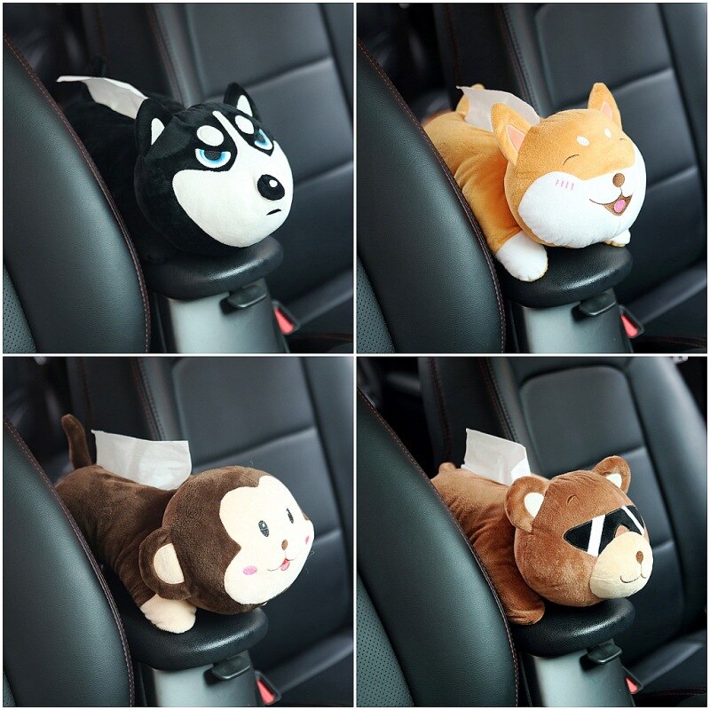 Cartoon Car Tissue Boxes Cute Soft Plush Animals Car Armrest Tissue Box Tissue Holder Car Accessories
