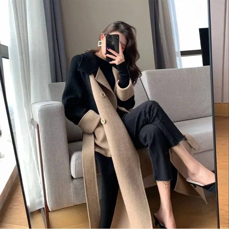Manteau en laine velours Double face pour femme, Style Long, nouvelle automne hiver, bloc de couleurs, amincissant, Style Hepburn, vêtements d'extérieur élégants