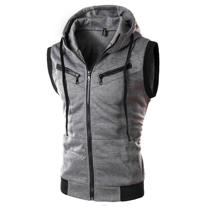 gilet hommes solide pulls à capuche sans manches Cardigans veste automne printemps Zipper poches hommes gilet décontracté gilet hauts: Gris foncé / 4XL
