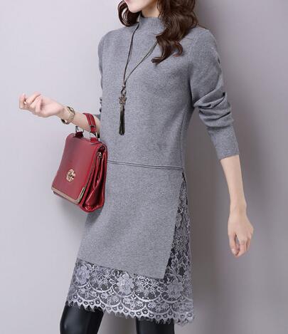 Rihschpiece Winter Lace Dress Women Knitted Sweater Dresses Mesh Vintage Black Turtleneck Warm Dress RZF1399: Gray