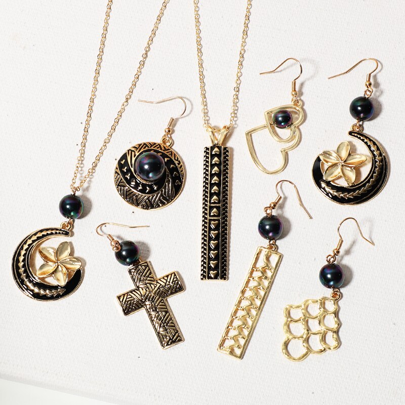 KOMi Polynesian Hawaiian Samoa Marshall Style Glass Bead Pearl Hollow Cross Heart Flower Charm Necklace Earrings Jewelry Set