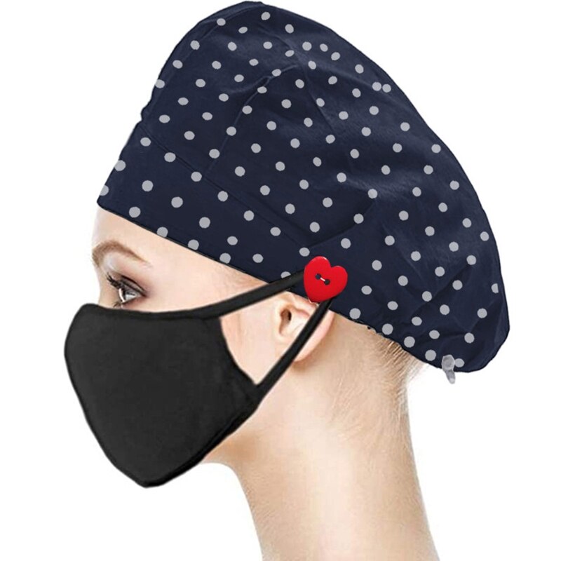 Doctor Nurse Bouffant Hat with Buttons Sweatband Polka Dot Dustproof Working Cap