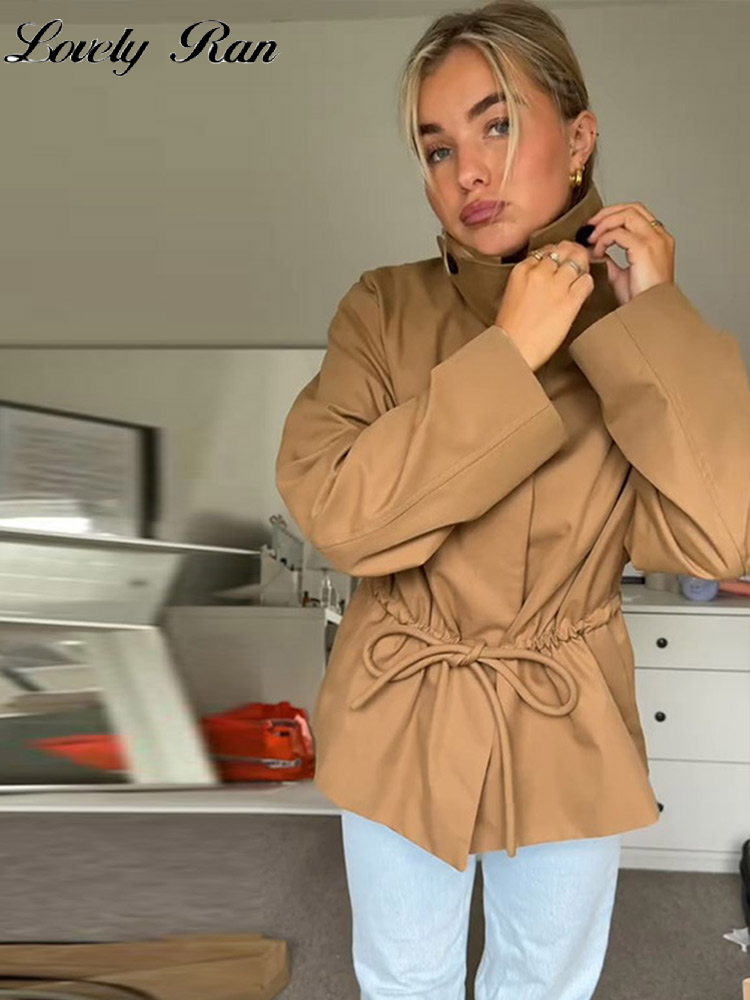 Casual Solid Vrouwen Jas Elegante Lange Mouw Revers Lace Up Geplooide Knop Vrouwelijke Uitloper 2025, Herfst Dame Streetwear