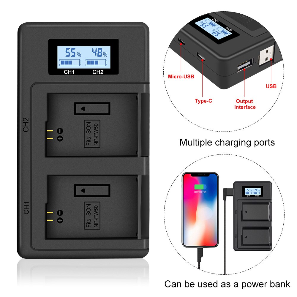 Palo NP-FW50 Camera Batterij Oplader Npfw50 Fw50 Lcd Usb Dual Charger Voor Sony A6000 5100 A3000 A35 A55 A7s Ii alpha 55 Alpha 7 Een