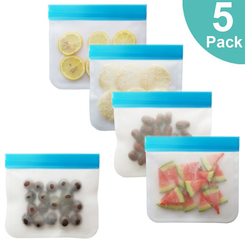 Bolsa de silicona para alimentos, PEVA esmerilada para conservar alimentos, reutilizable, para congelador, con cremallera, a prueba de fugas: Style3 5Pcs